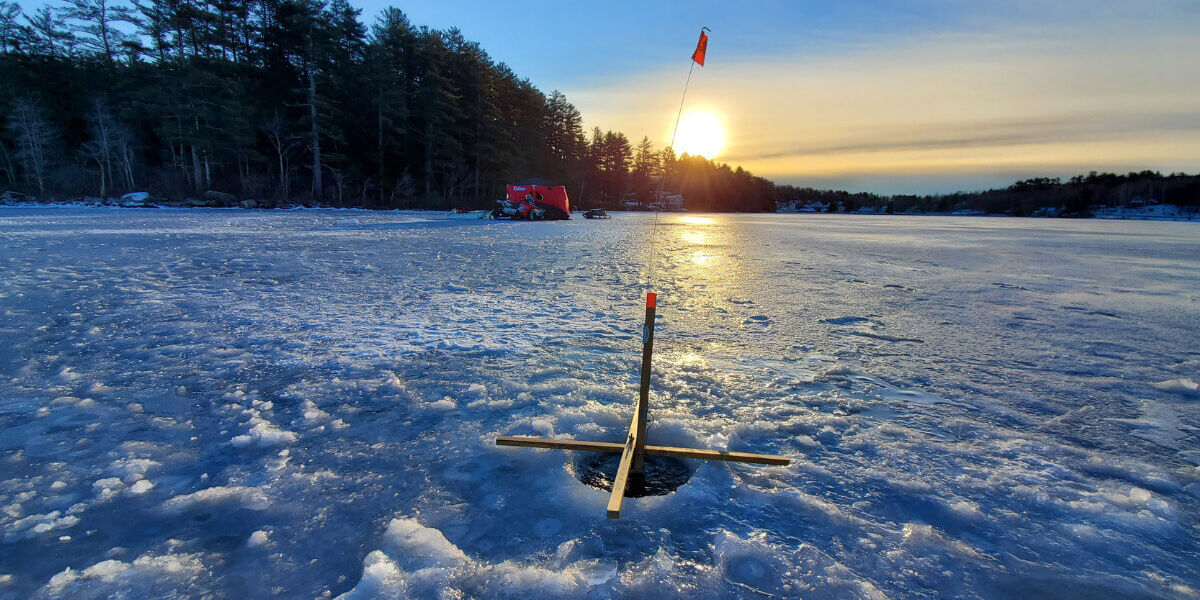 Ice fishing on the frozen lakes in the Rangeley Maine region